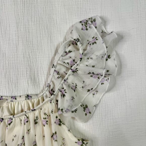 Floral Chiffon Tiered Mini Dress Women's XL Ivory Cottagecore Coquette Prarie - Picture 9 of 16